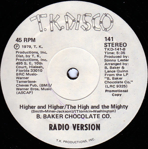 B. Baker Chocolate Co. - Higher And Higher / The High And The Mighty (12", Promo) (Very Good Plus (VG+)) - Image 2