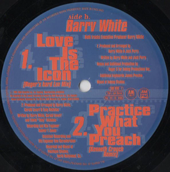 Barry White - Practice What You Preach (The R&B Mixes) / Love Is The Icon (Roger Sanchez Mixes) (12") (Very Good Plus (VG+)) (Very Good Plus (VG+)) - Image 3