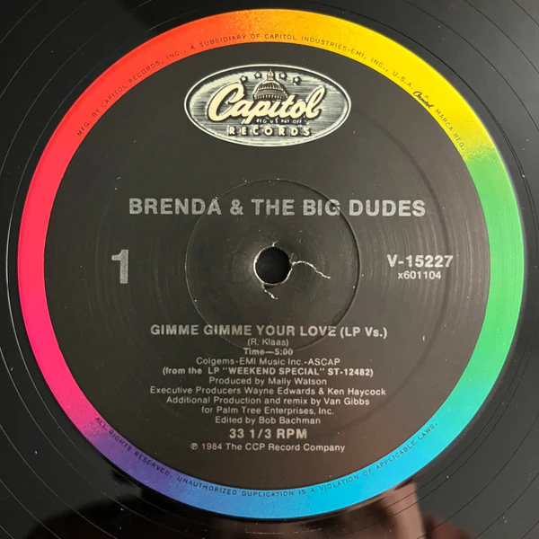 Brenda & The Big Dudes - Gimme Gimme Your Love / Can't Stop This Feeling (12") (Very Good Plus (VG+)) - Image 3