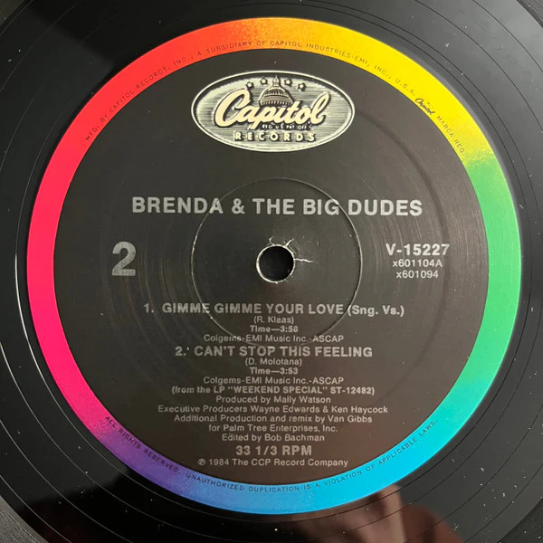 Brenda & The Big Dudes - Gimme Gimme Your Love / Can't Stop This Feeling (12") (Very Good Plus (VG+)) - Image 4
