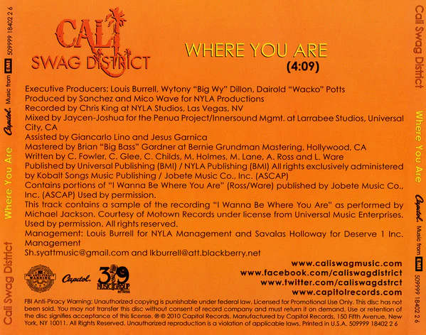 Cali Swag District - Where You Are (CD, Single, Promo) (Near Mint (NM or M-)) - Image 3