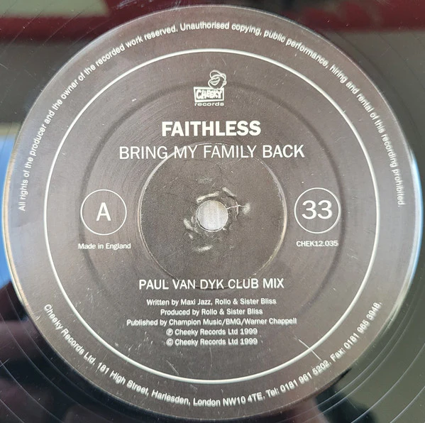 Faithless - Bring My Family Back (Remixes by Paul Van Dyk, Jan Driver, And Robbie Rivera) (12") (Very Good (VG)) - Image 3