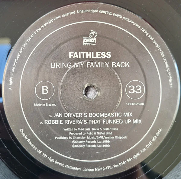Faithless - Bring My Family Back (Remixes by Paul Van Dyk, Jan Driver, And Robbie Rivera) (12") (Very Good (VG)) - Image 4