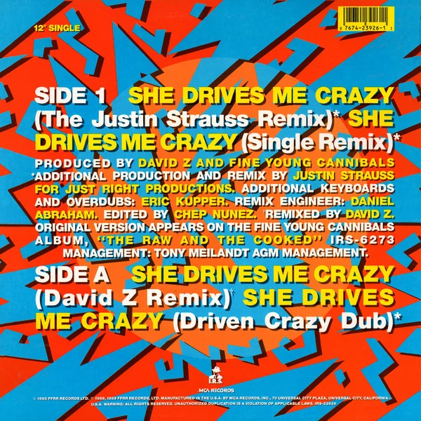 Fine Young Cannibals - She Drives Me Crazy (12", Single, Pin) (Very Good Plus (VG+)) (Very Good Plus (VG+)) - Image 2
