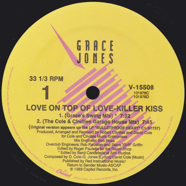 Grace Jones - Love On Top Of Love (Killer Kiss) (12", Single, SRC) (Very Good Plus (VG+)) (Very Good Plus (VG+)) - Image 4