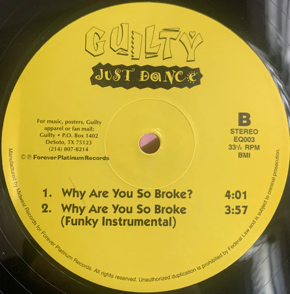 Guilty - Just Dance / Why Are You So Broke? (12", Single) (Near Mint (NM or M-)) (Very Good Plus (VG+)) - Image 2