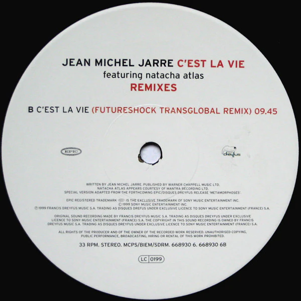 Jean-Michel Jarre Featuring Natacha Atlas - C'est La Vie (Remixes) (12", Single) (Very Good Plus (VG+)) (Very Good Plus (VG+)) - Image 4