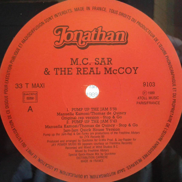 M.C. Sar & The Real McCoy* - Pump Up The Jam - Rap (12", Maxi) (Very Good Plus (VG+)) (Very Good (VG)) - Image 2