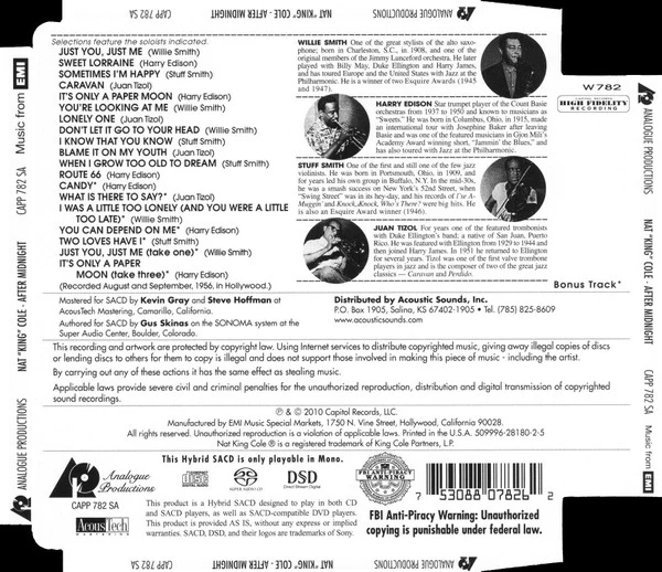 Nat 'King' Cole And His Trio* - After Midnight (SACD, Hybrid, Album, Mono, RE, RM) (Very Good Plus (VG+)) - Image 2
