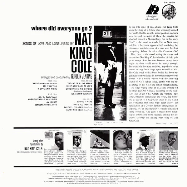 Nat King Cole - Where Did Everyone Go? (2x12", 180) (Very Good Plus (VG+)) (Very Good Plus (VG+)) - Image 2