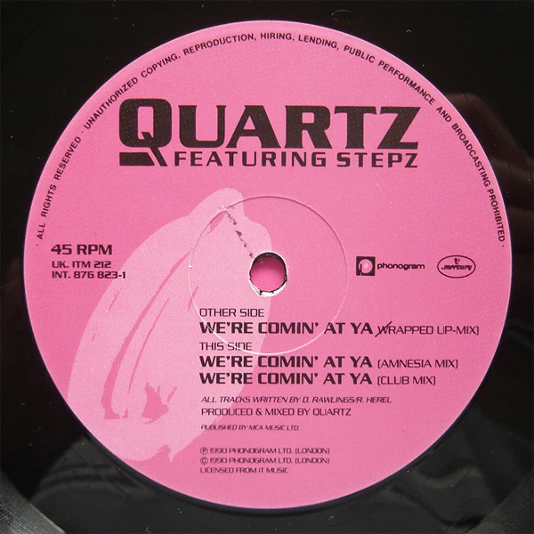 Quartz Featuring Stepz - We're Coming At Ya (12", Single) (Very Good Plus (VG+)) (Very Good Plus (VG+)) - Image 3