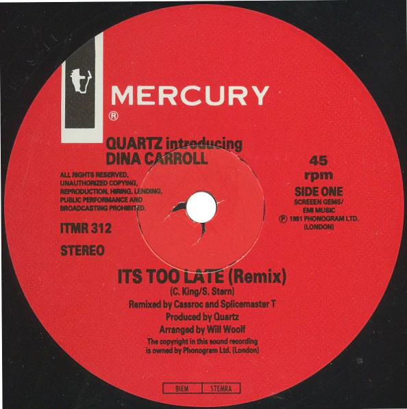 Quartz Introducing Dina Carroll - It's Too Late (Remix) (12") (Very Good Plus (VG+)) - Image 3