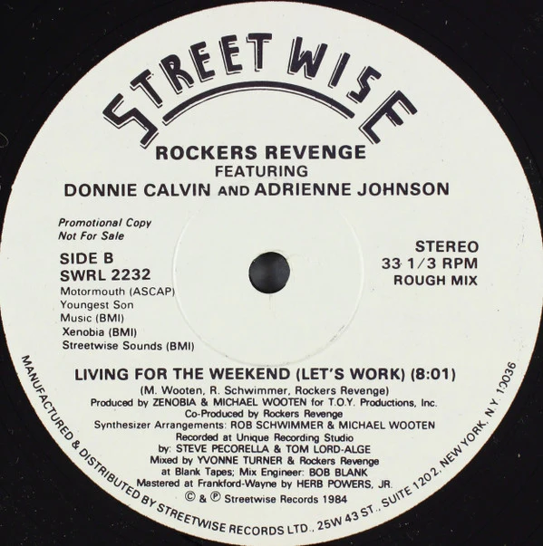 Rockers Revenge Featuring Donnie Calvin And Adrienne Johnson - Living For The Weekend (Let's Work) (12", Promo) (Very Good Plus (VG+)) (Very Good Plus (VG+)) - Image 2
