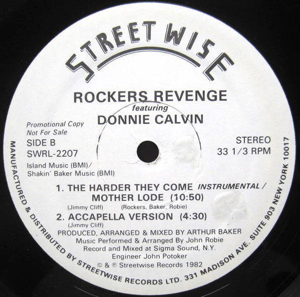Rockers Revenge Featuring Donnie Calvin - The Harder They Come (12", Promo) (Very Good Plus (VG+)) - Image 2