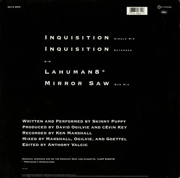 Skinny Puppy - Inquisition (12", Single) (Very Good Plus (VG+)) (Very Good Plus (VG+)) - Image 2