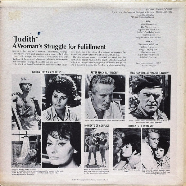 Sol Kaplan - Judith (Music From The Score Of The Motion Picture) (LP, Album, Mono) (Near Mint (NM or M-)) (Very Good Plus (VG+)) - Image 2