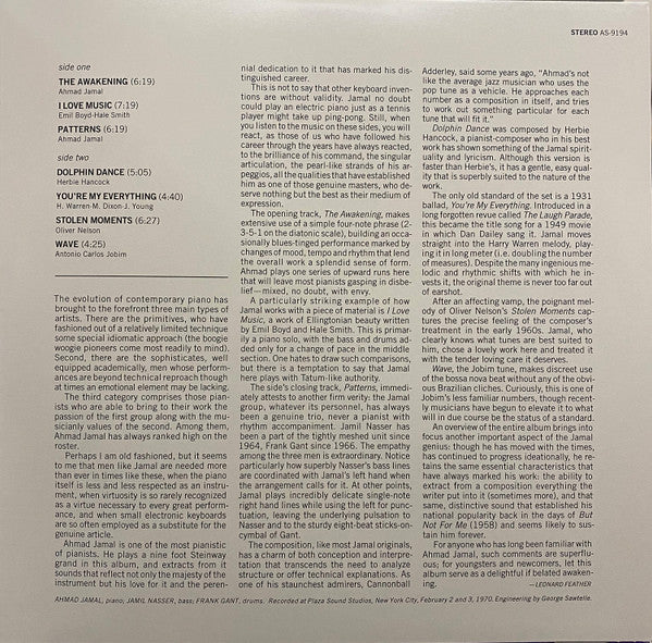 The Ahmad Jamal Trio* - The Awakening (LP, Album, RE, RM, 180) (Near Mint (NM or M-)) (Near Mint (NM or M-)) - Image 3