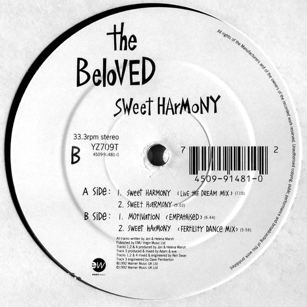 The Beloved - Sweet Harmony (12", Single) (Very Good Plus (VG+)) (Very Good (VG))