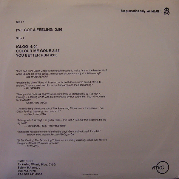 The Screaming Tribesmen - I've Got A Feeling (12", Single, Promo) (Very Good Plus (VG+)) - Image 2