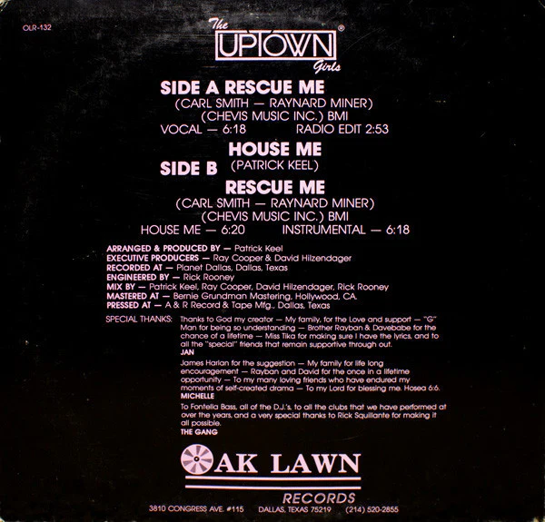 The Uptown Girls - Rescue Me (12", Single) (Very Good Plus (VG+)) - Image 2